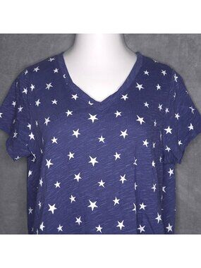 Cynthia Rowley Womens Star-Print T-Shirt 1X Navy Blue V-Neck Short Sleeve